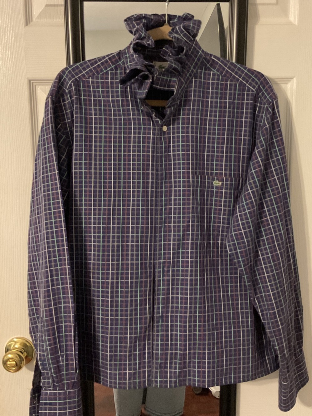 Lacoste Upcycled Navy and Green Windowpane Button-Down Shirt